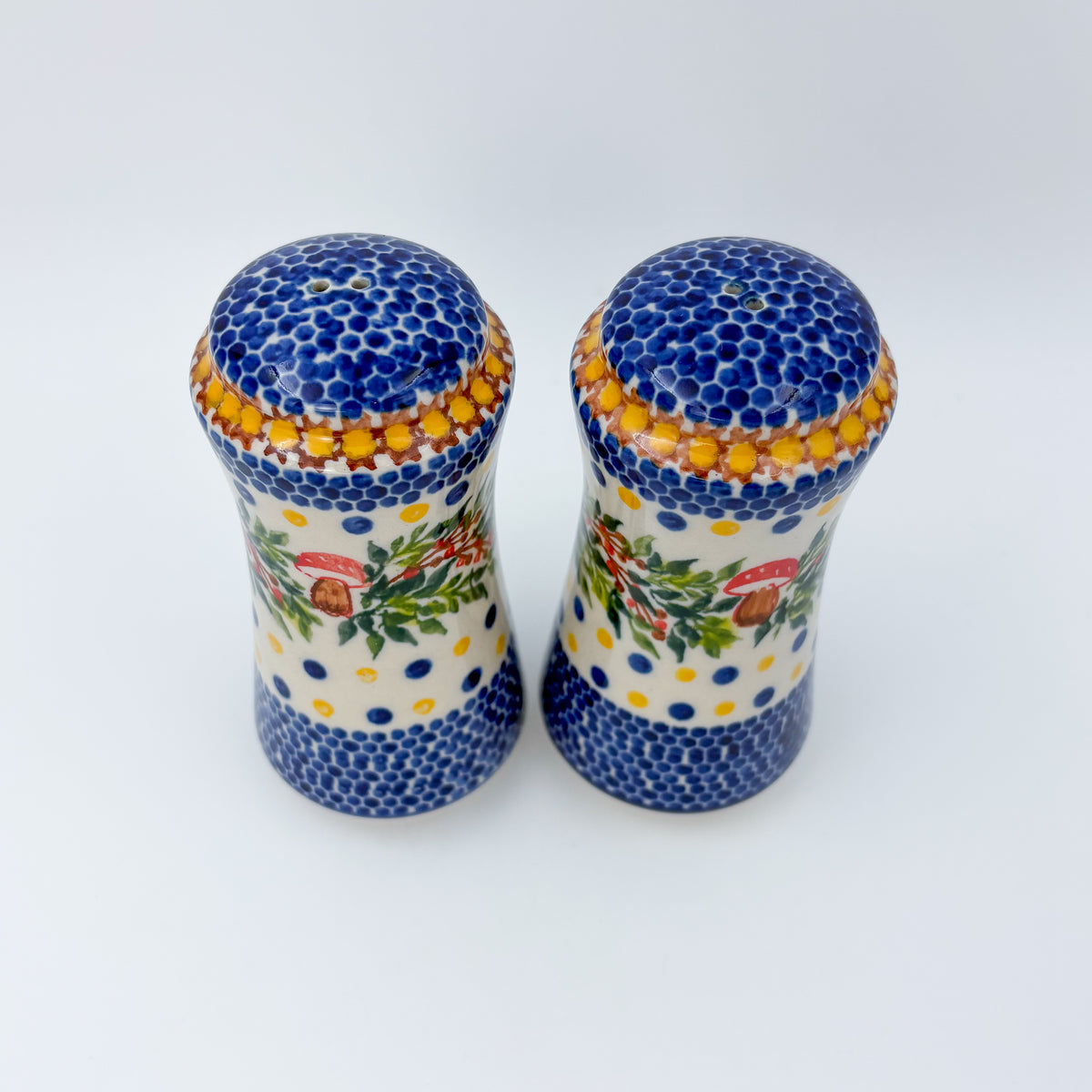 5” Salt and Pepper Shakers.  Handmade Polish pottery.  UNIKAT Mushrooms