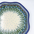 UNIKAT Whispering Ferns Clover platter, close-up angled view of scalloped edge and fern spray border