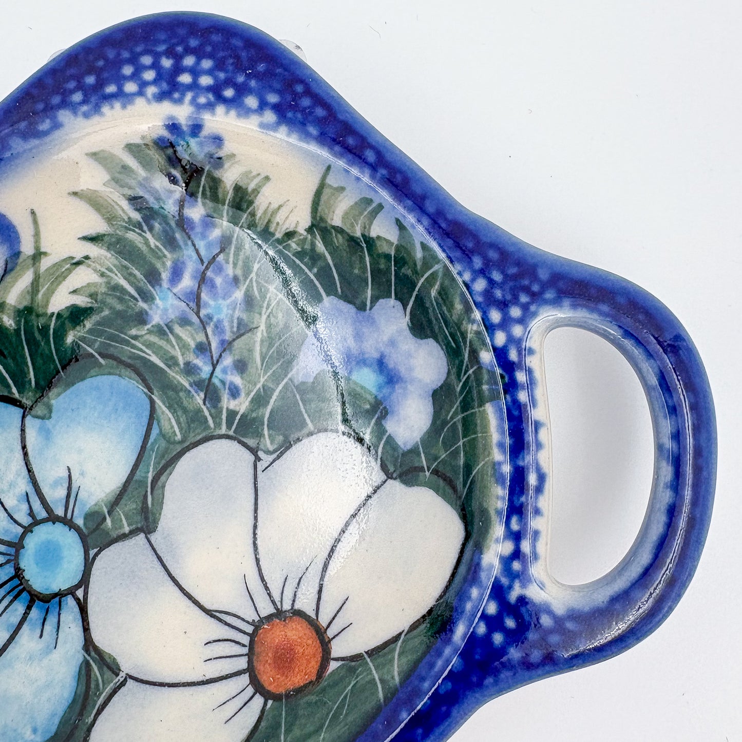 Teabag Rest Holder.  Handmade Polish pottery.  UNIKAT Forget Me Not Pansy