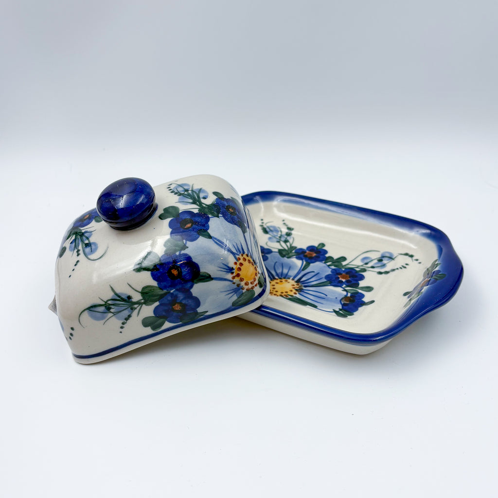 7" Butter Dish.  Handmade in Poland. UNIKAT Poppies in Blue