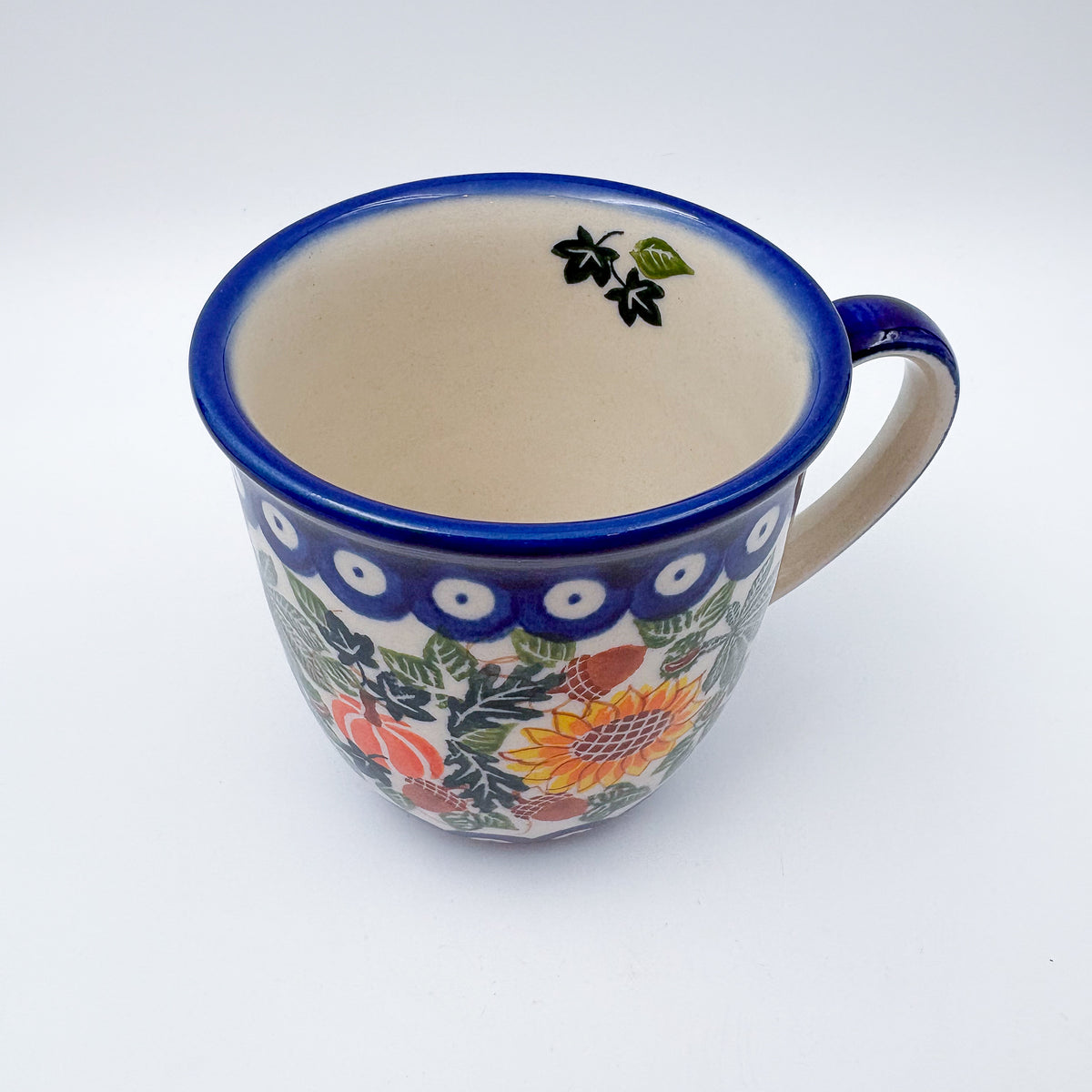 Top-down view into Sunflower Meadow Viking mug showing interior and handle