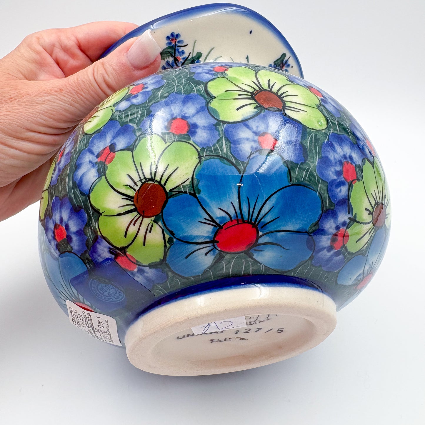 Kula Vase 5.5”.  Handmade Polish pottery.  UNIKAT Forget Me Not Pansy