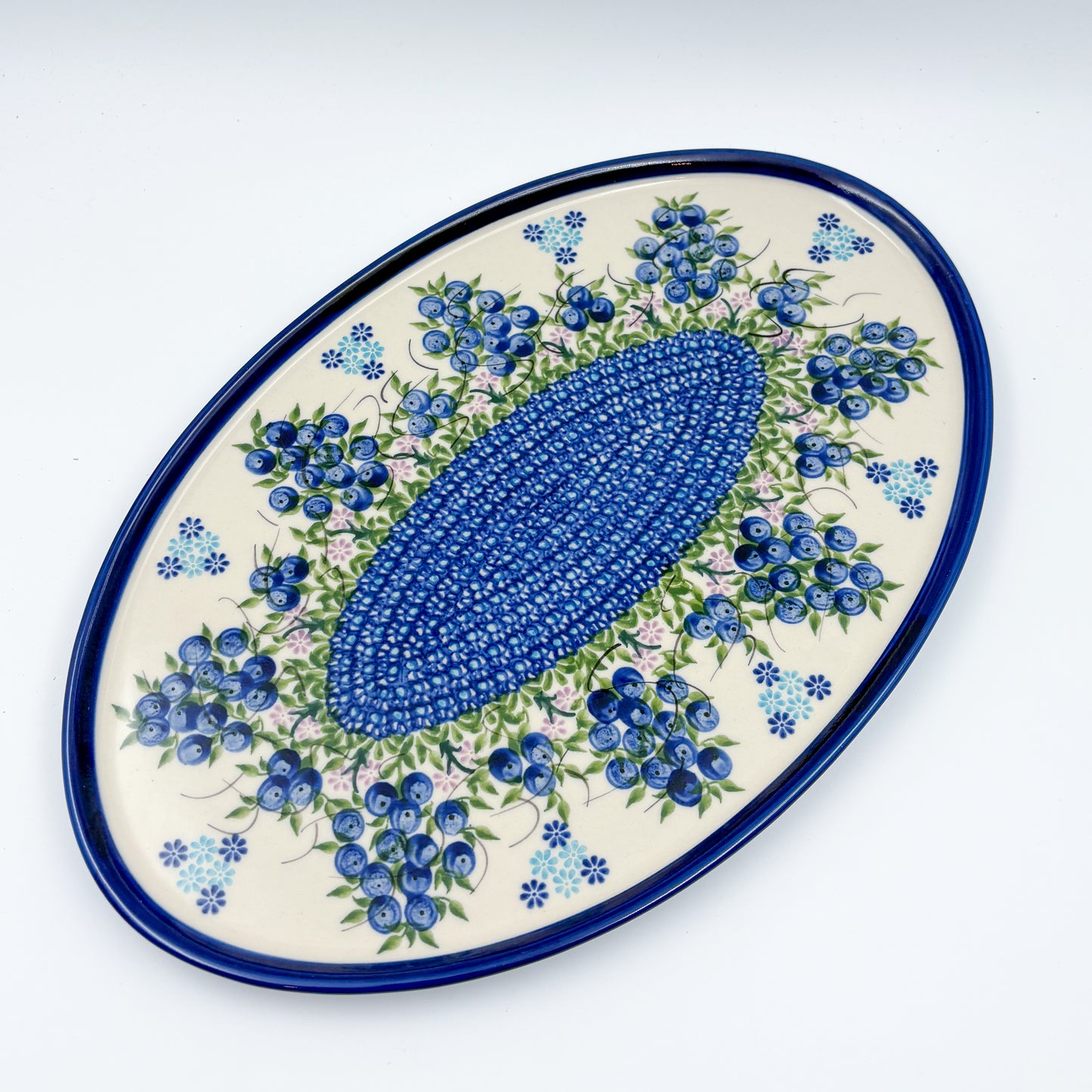 13.5" Oval Tray.  Hand crafted Polish pottery stoneware: UNIKAT Blueberry Design.