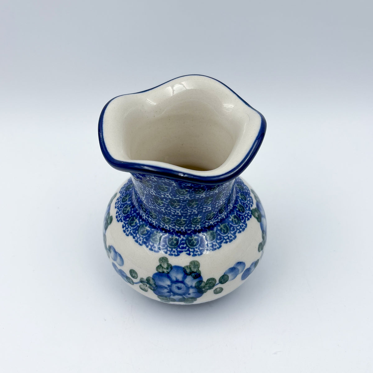 Vase Wavy 4”.  Handmade Polish pottery.  Blue Poppies
