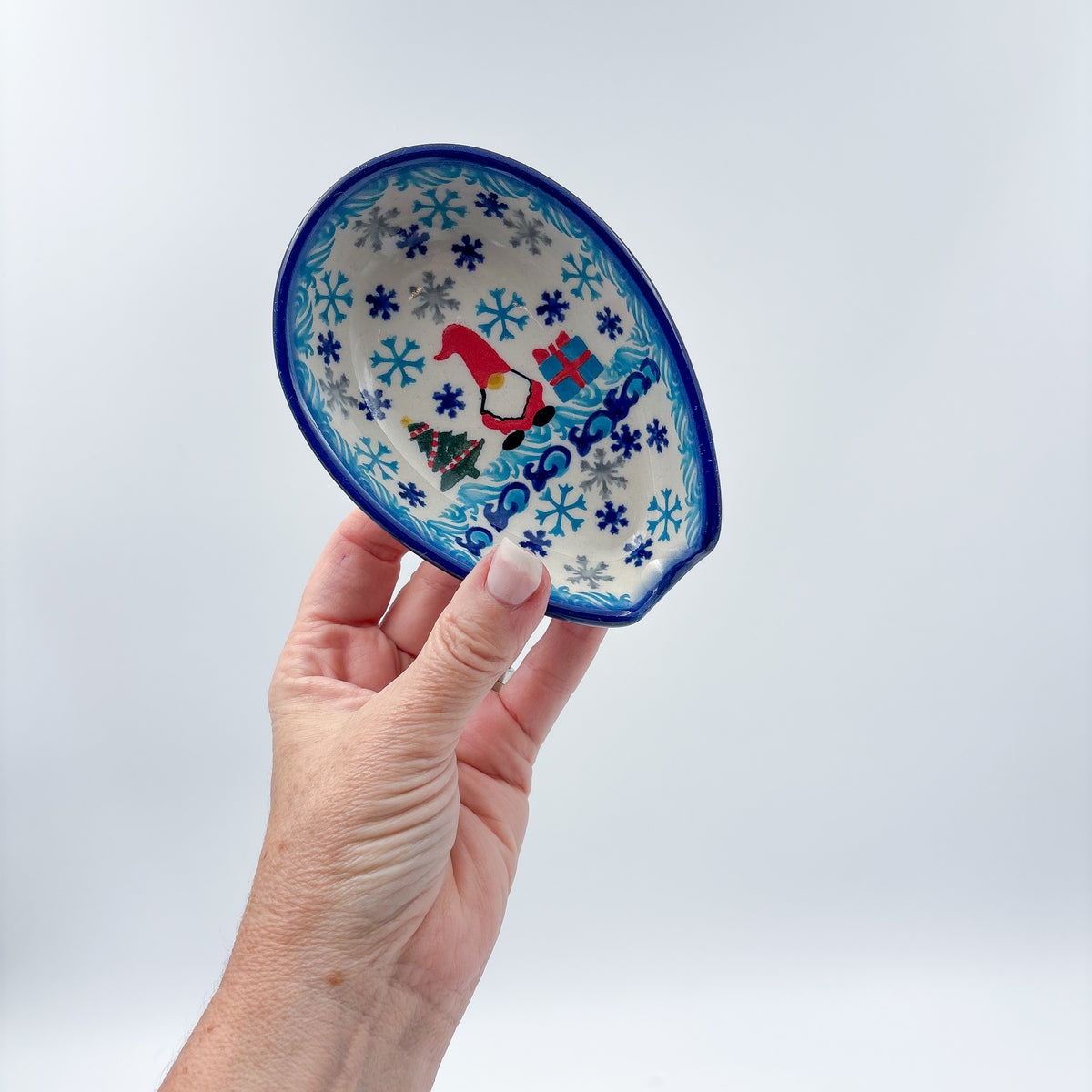 Spoon Rest 5”.  Handmade Polish pottery.  UNIKAT Winter Gnome Design