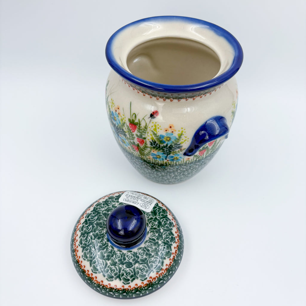 7" Lidded Jar.  Handmade Polish pottery.  UNIKAT Strawberry Fields