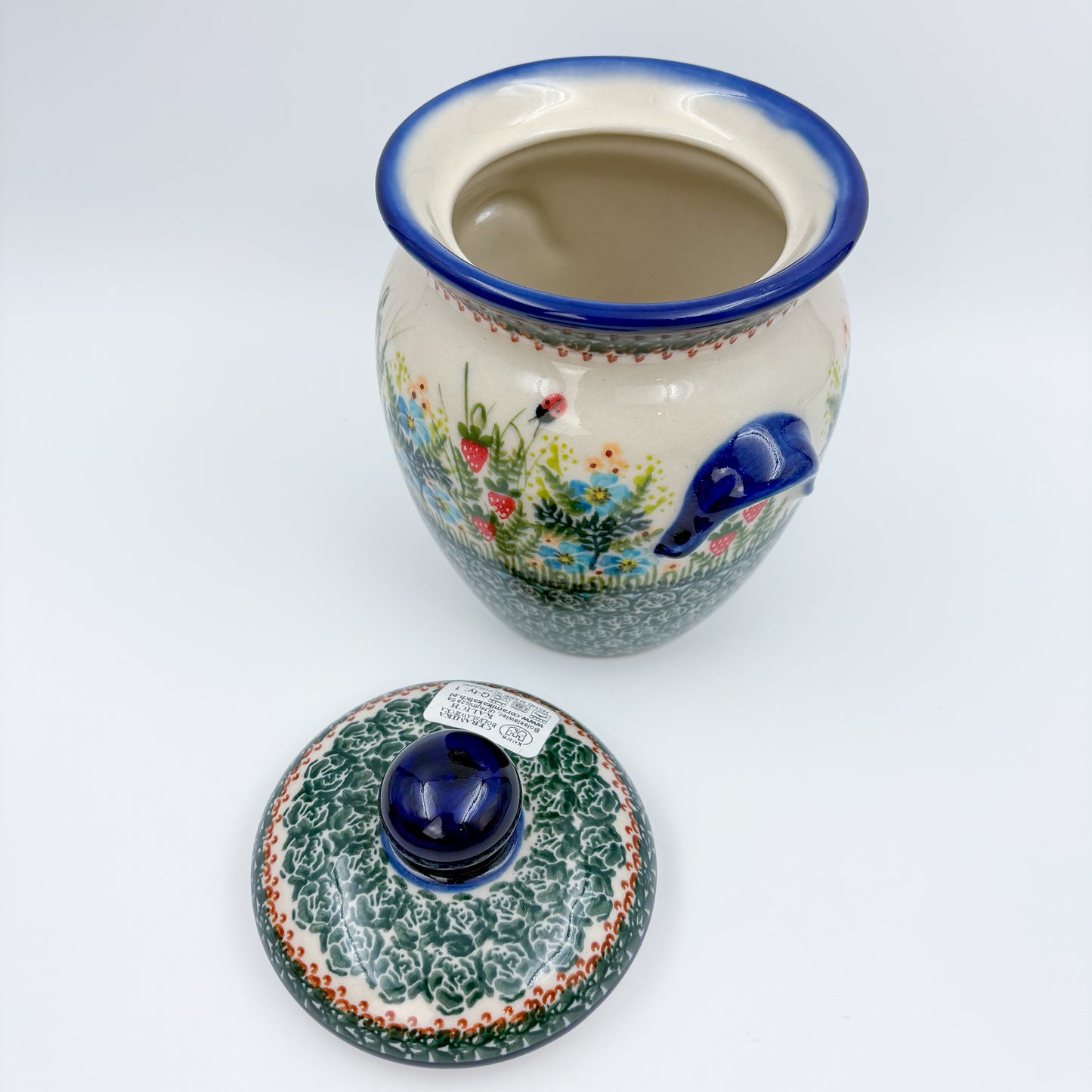 7" Lidded Jar.  Handmade Polish pottery.  UNIKAT Strawberry Fields