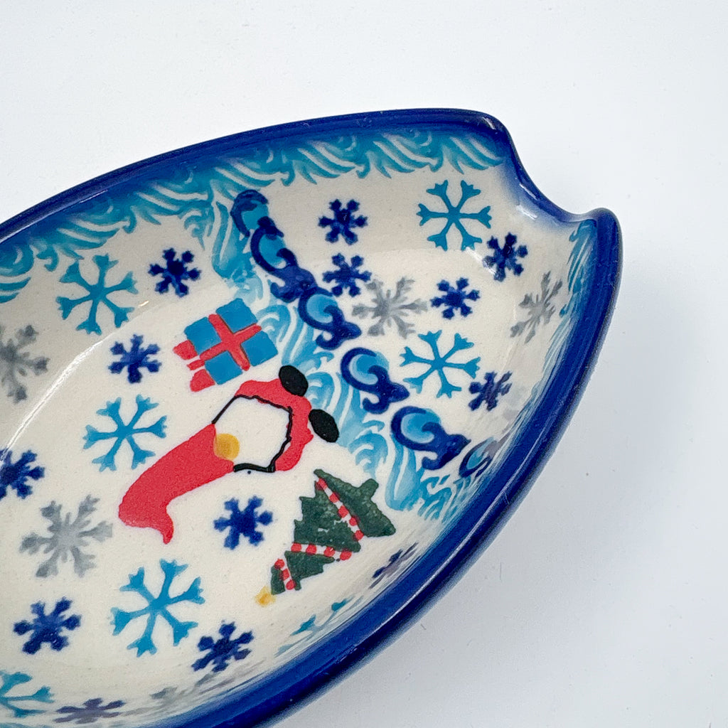 Spoon Rest 5”.  Handmade Polish pottery.  UNIKAT Winter Gnome Design