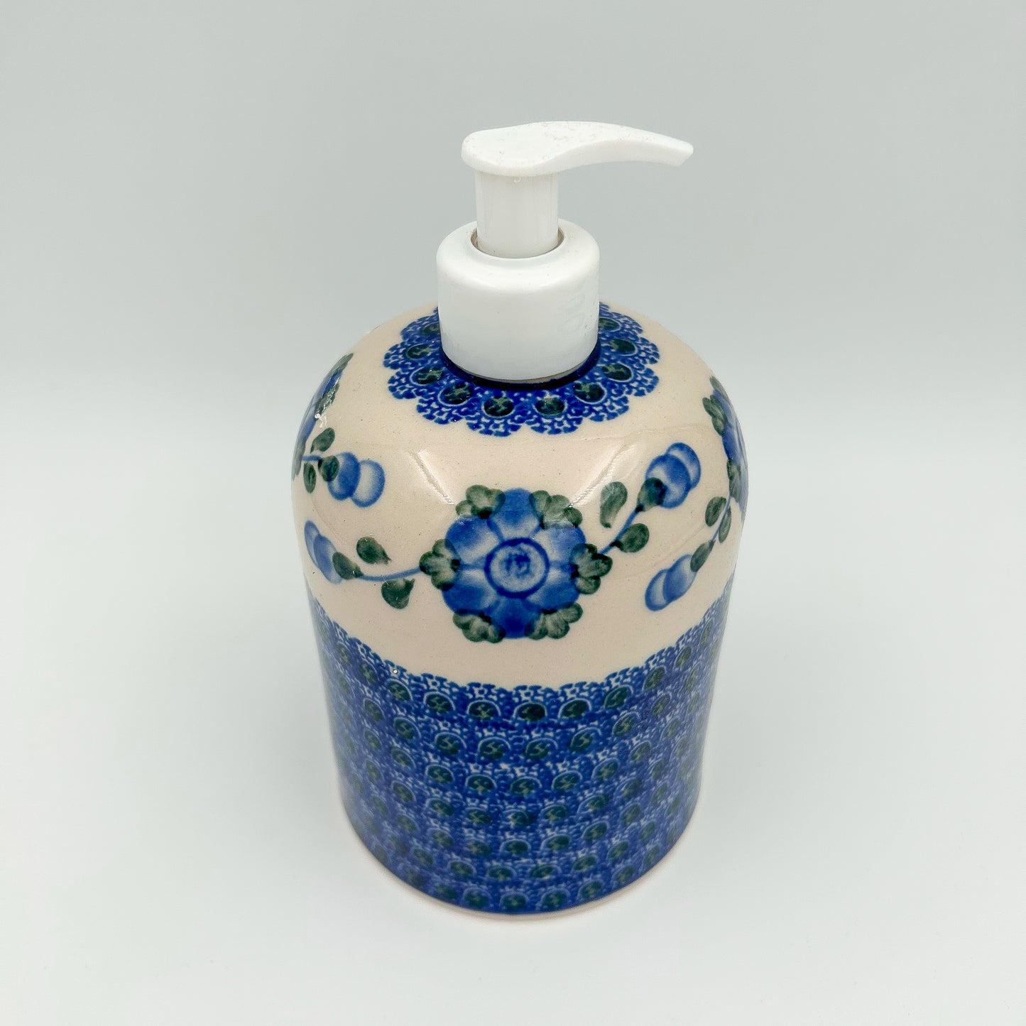 Soap Dispenser 7”.  Handmade Polish pottery.  Blue Poppies