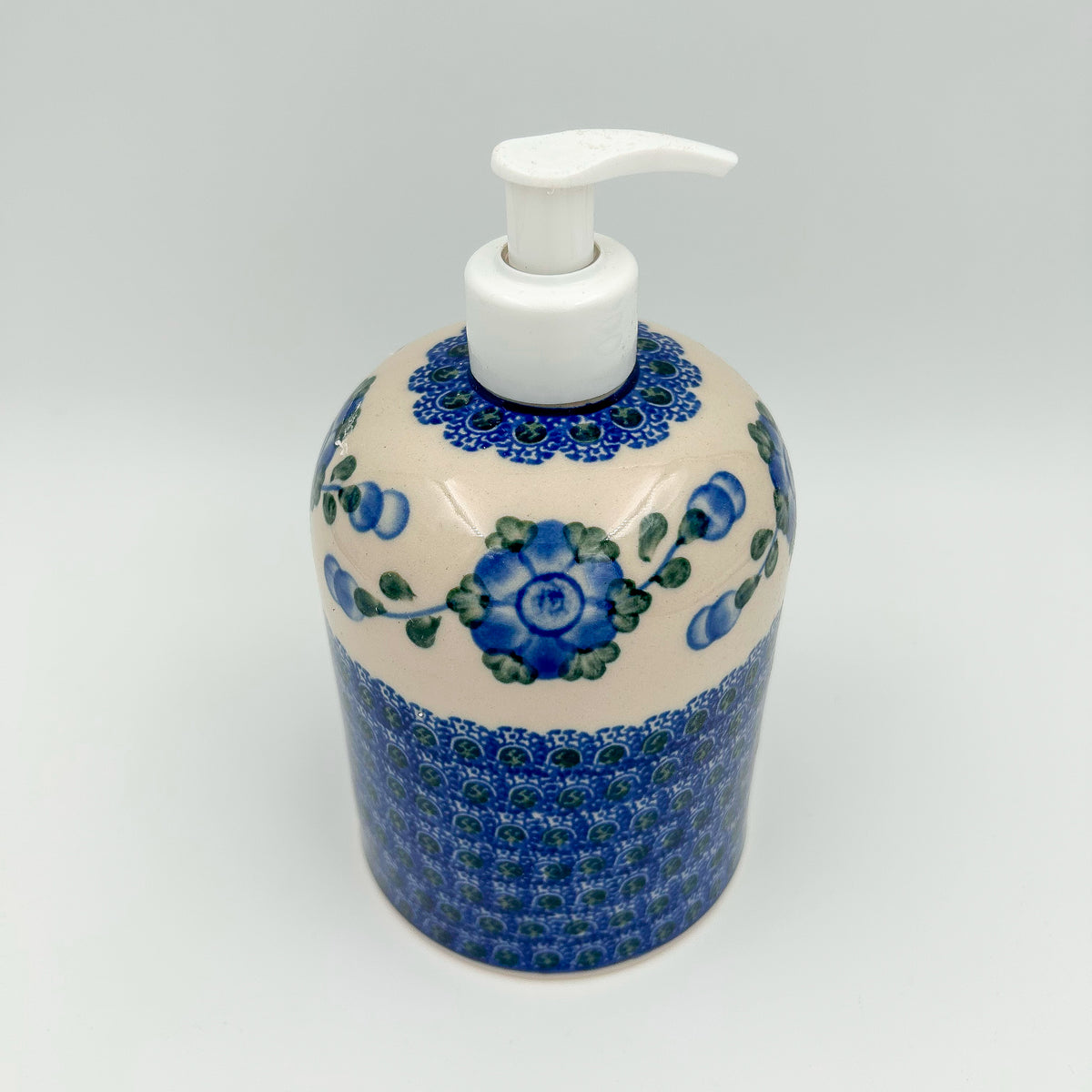 Soap Dispenser 7”.  Handmade Polish pottery.  Blue Poppies