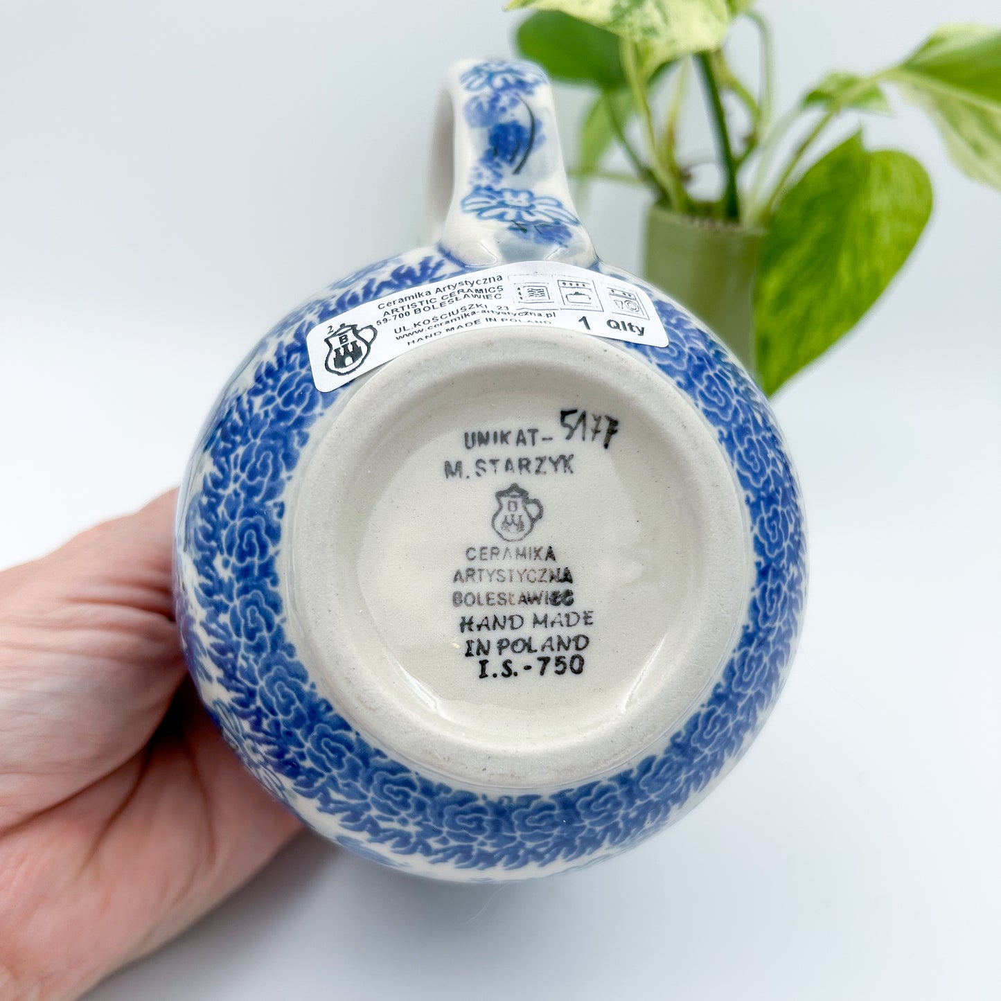 16 oz Bubble Mug. Handcrafted Polish pottery stoneware: UNIKAT Blue Wildflower