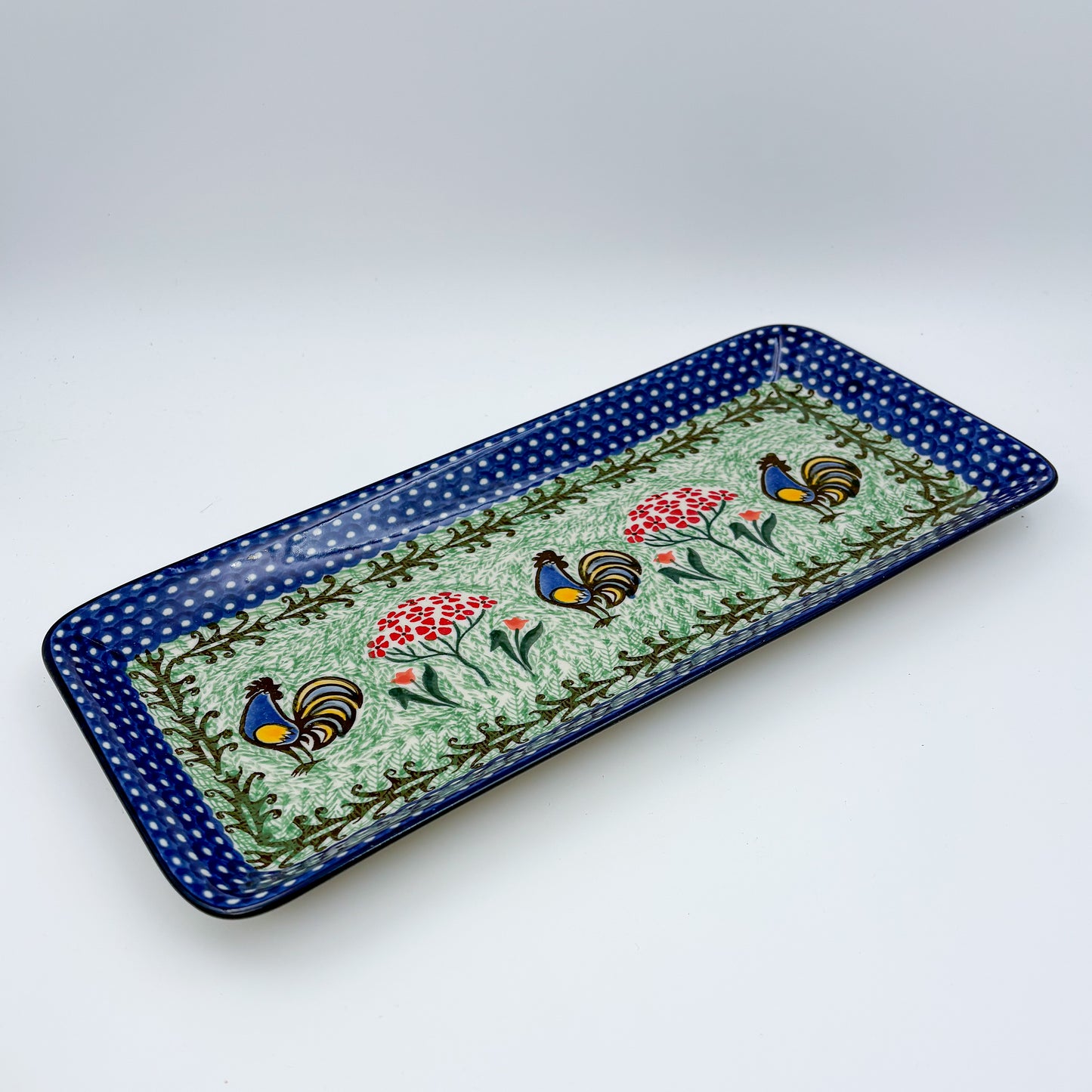 13" Platter  Hand crafted Polish pottery stoneware: UNIKAT Rooster Dance Design.