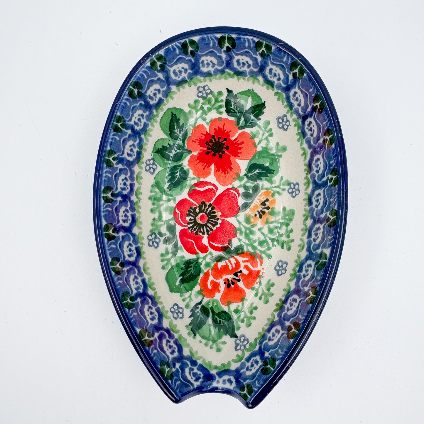 Spoon Rest 5””.  Handmade Polish pottery.  UNIKAT Candy Red Poppy Design