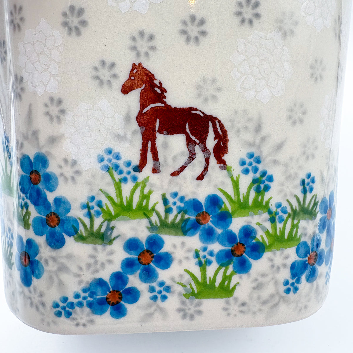 Basket Container & Utensil Med.  Handmade Polish pottery.  UNIKAT Blue Meadow Horse