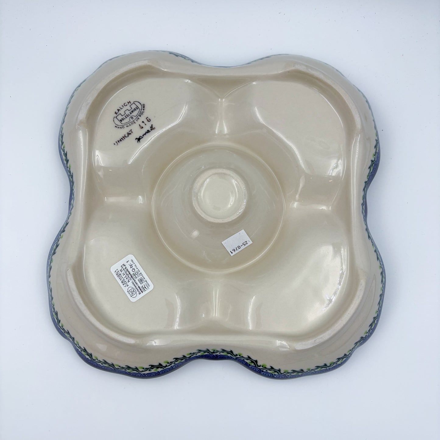 11" Divided Platter with Center Bowl.  Hand crafted Polish pottery stoneware: UNIKAT Whispering Ferns