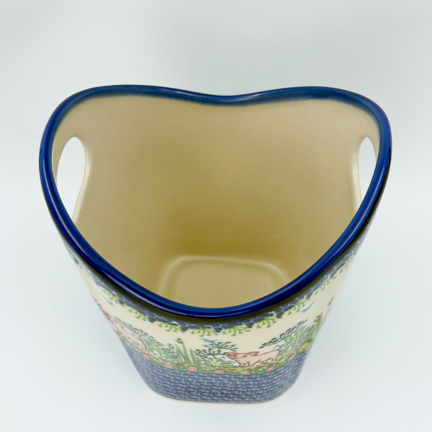 Basket Container & Utensil Med.  Handmade Polish pottery.  UNIKAT Piglet Pasture Design