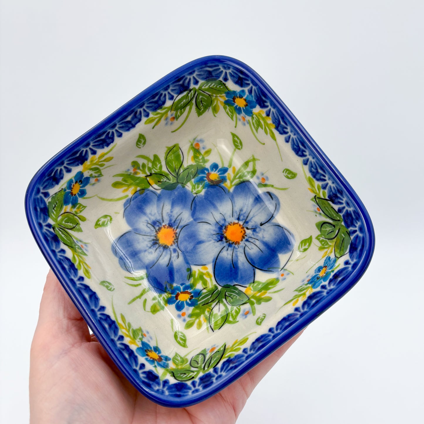 5” Square Bowl.  Hand crafted Polish pottery stoneware:   Unikat Blue Daisy