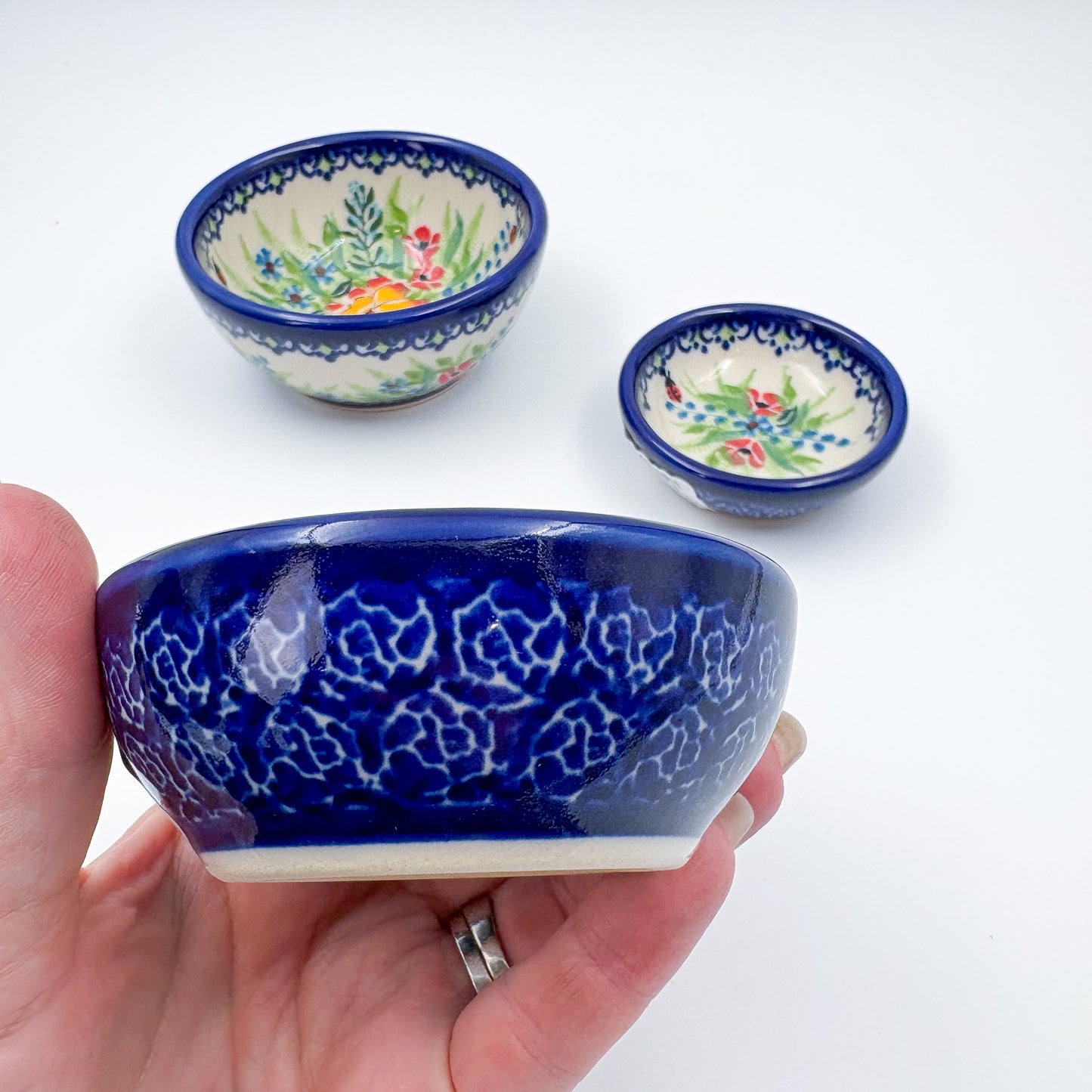 Small Set 3 stacking Bowls.  Hand crafted Polish pottery stoneware:  UNIKAT Ladybug Fields