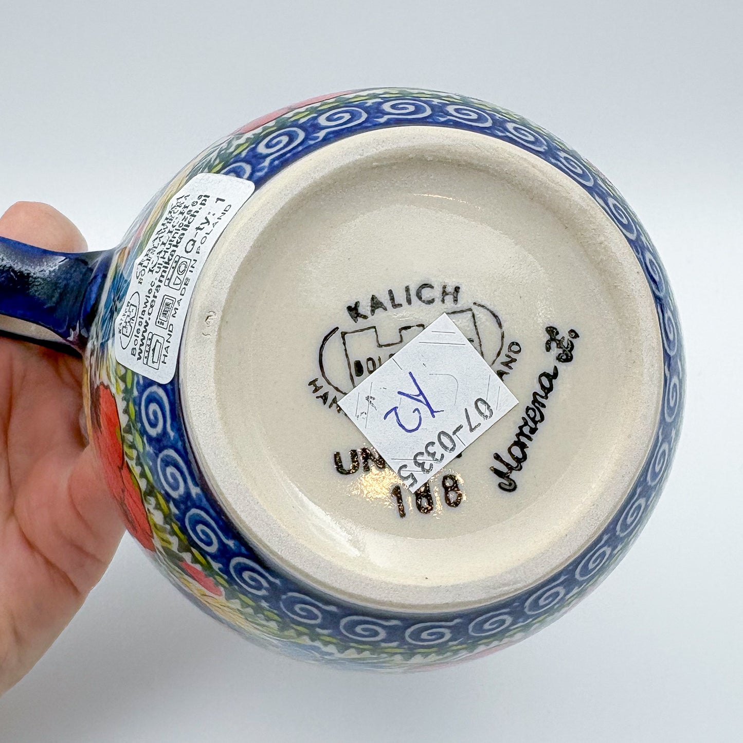 12 oz Bowl/Mug with Loop-Handle.  Hand crafted Polish pottery stoneware: UNIKAT Garden Poppy