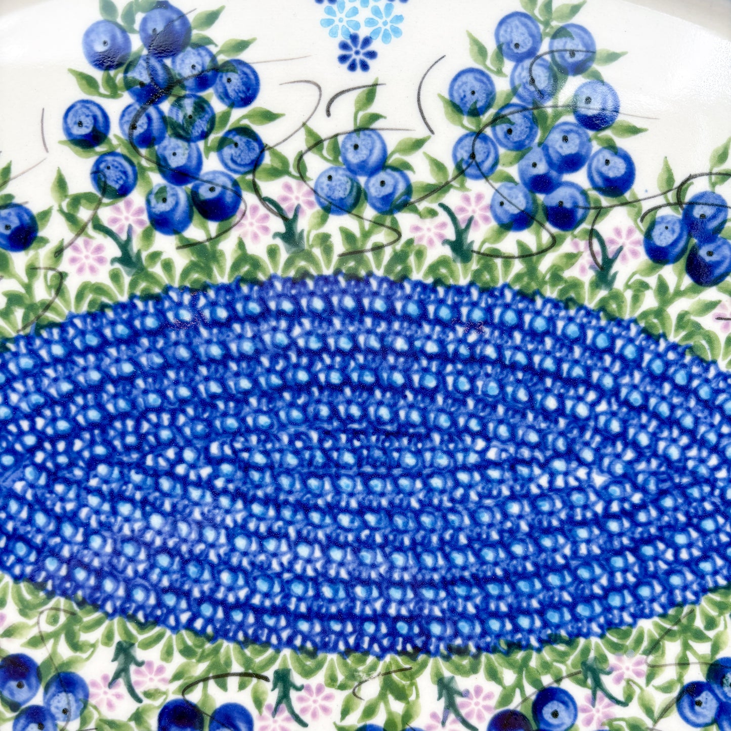 13.5" Oval Tray.  Hand crafted Polish pottery stoneware: UNIKAT Blueberry Design.