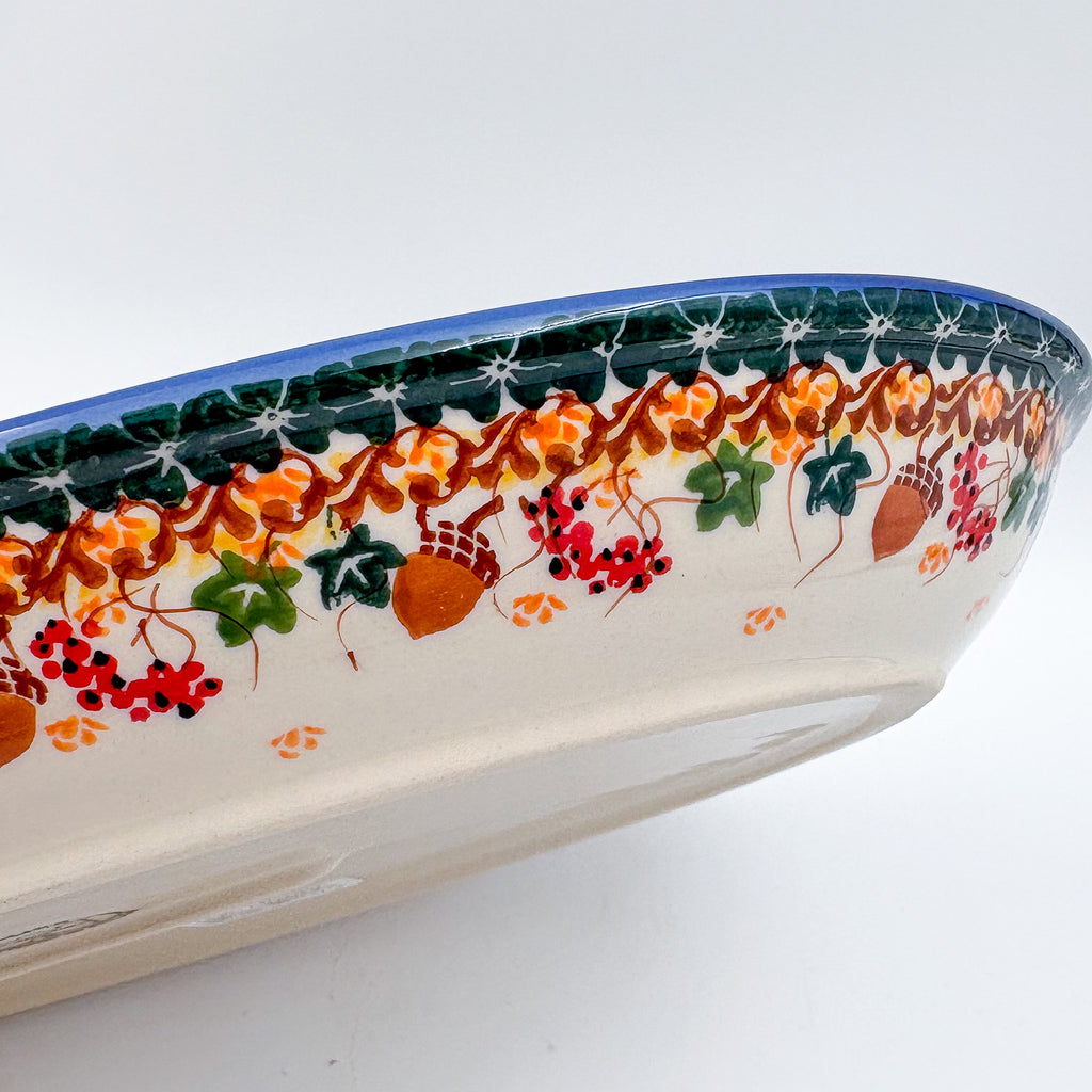 14.5" Oval Platter.  Hand crafted Polish pottery stoneware: UNIKAT Hedgehog and Pumpkins
