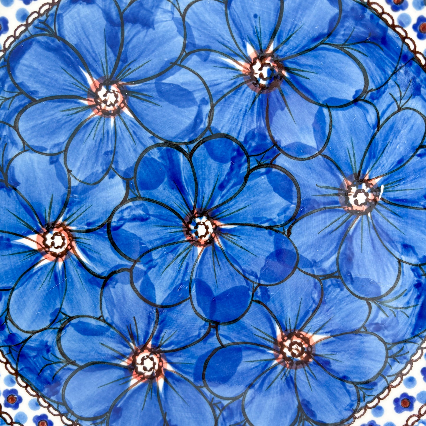 10.5” Plate.  Hand crafted Polish pottery stoneware: UNIKAT Cobalt Poppies