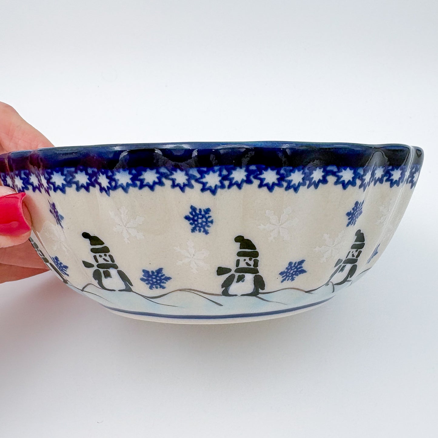 6” Shell Bowl.  Hand crafted Polish pottery stoneware:  Snowman Penguins Design