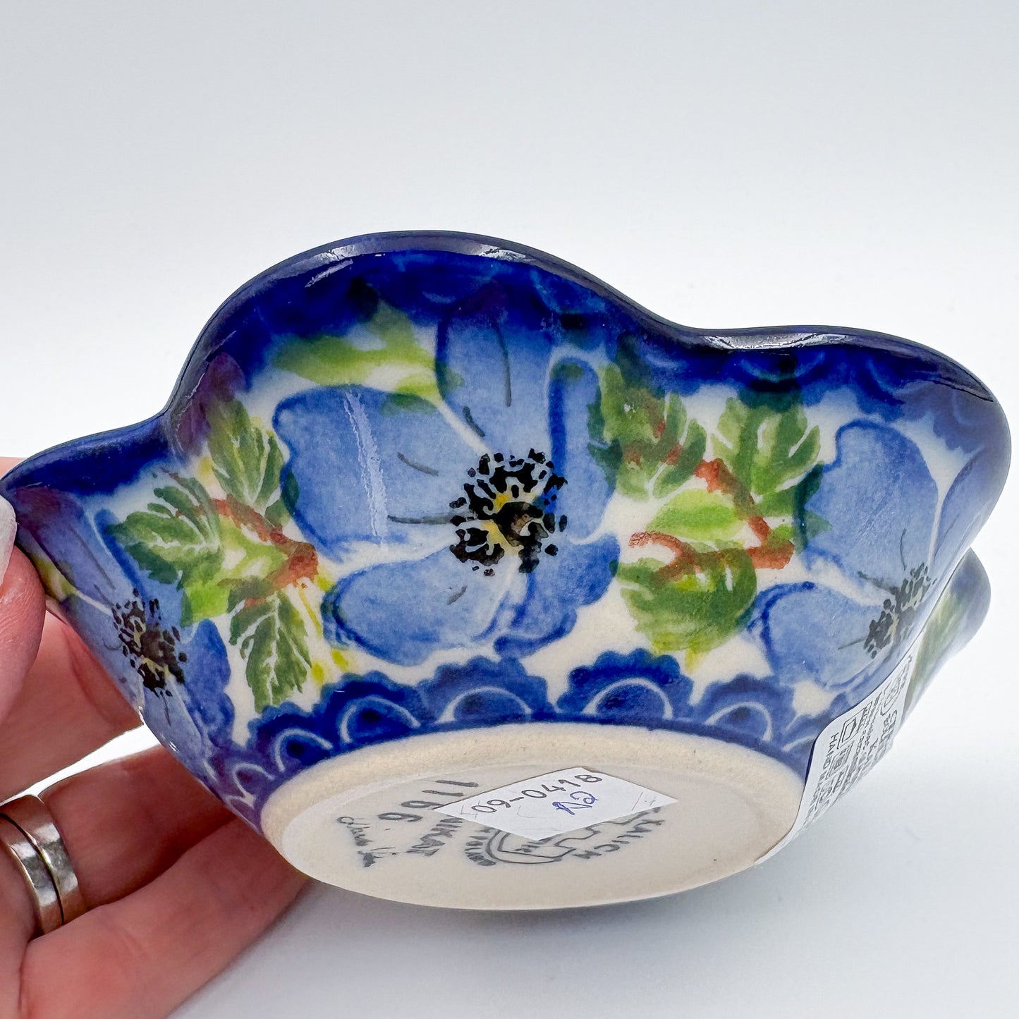 5” Bowl Flower.  Hand crafted Polish pottery stoneware:  UNIKAT Blue Poppy Songbird pattern