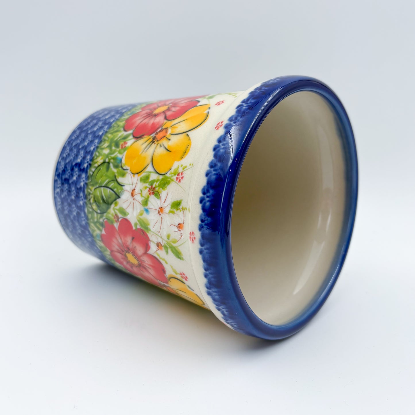 Utensil Jar 5.5”.  Handmade Polish pottery.  UNIKAT Yellow and Red Pansy Pattern