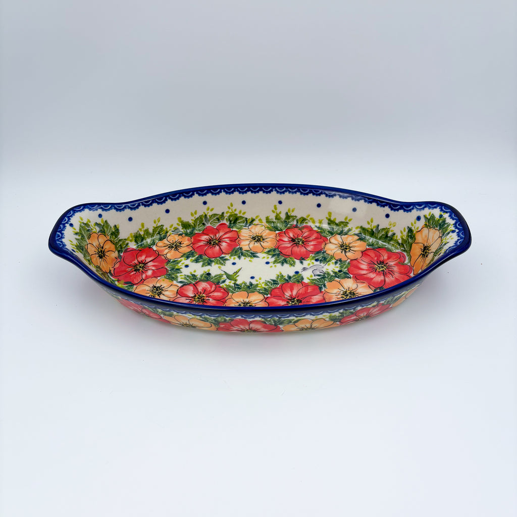 Garden Wreath boat platter, front view showing red and orange flower wreath and pointed handles