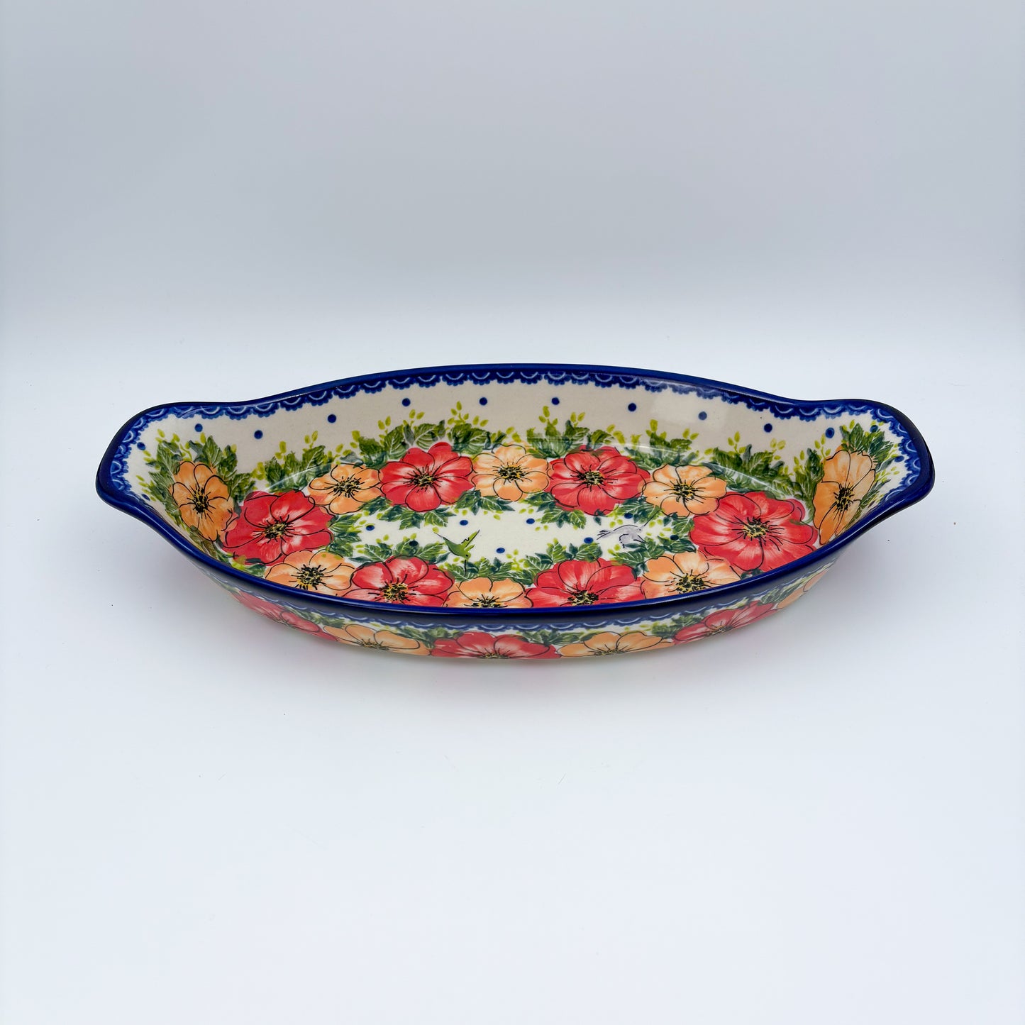 13" Oval Boat with Handles handmade in Poland. Garden Wreath Design