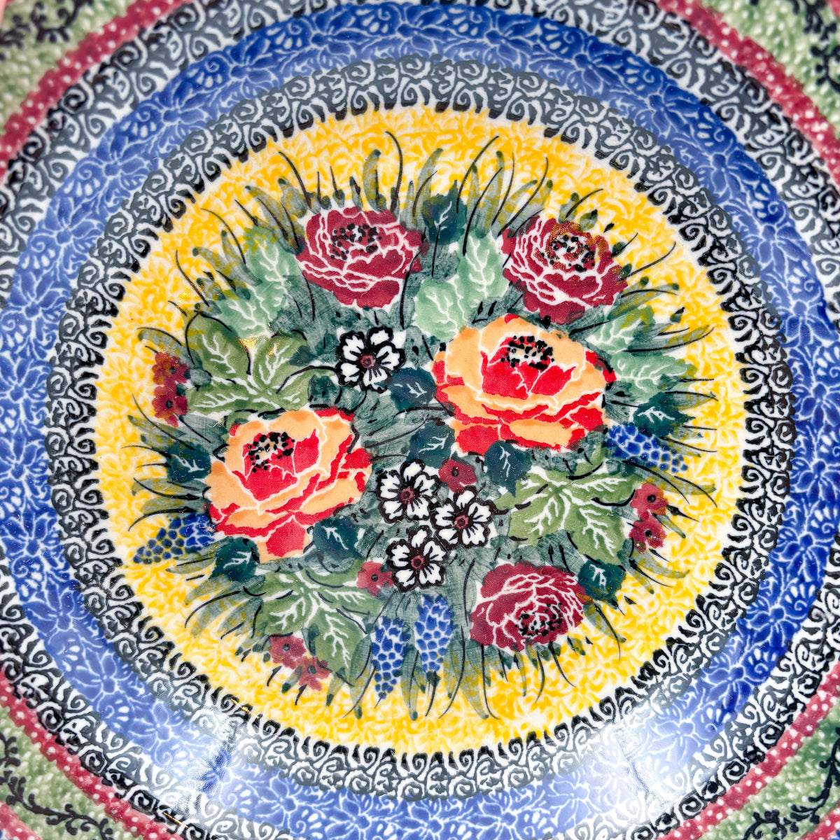 9”  Pasta Bowl.  Hand crafted Polish pottery stoneware: UNIKAT Copper Rose Meadow Design