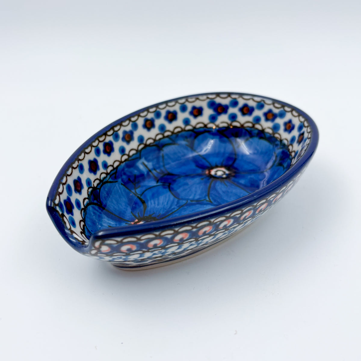 Spoon Rest 5”. Handmade Polish pottery.  UNIKAT Cobalt Poppies Design