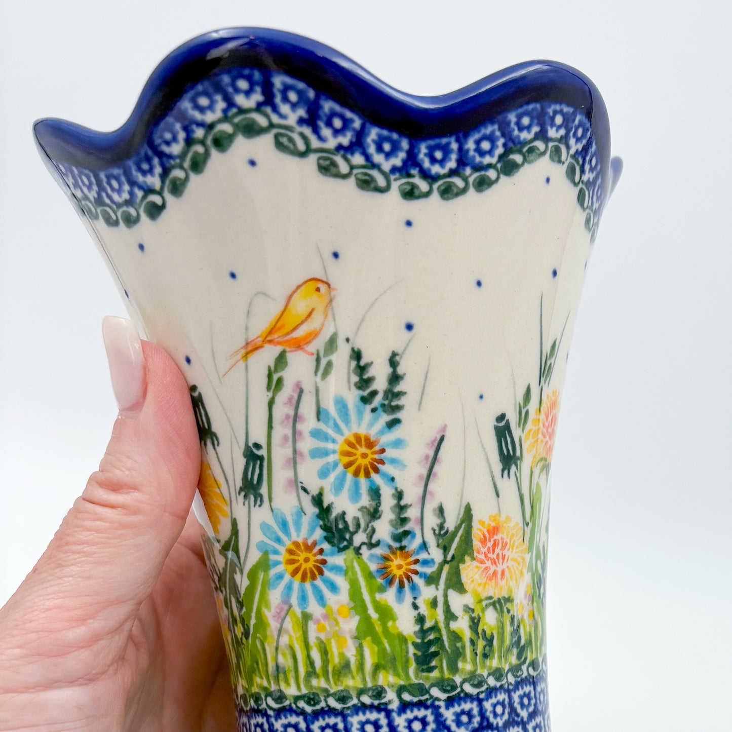 Vase Fala 7”. Handmade Polish pottery.  UNIKAT Songbird Garden