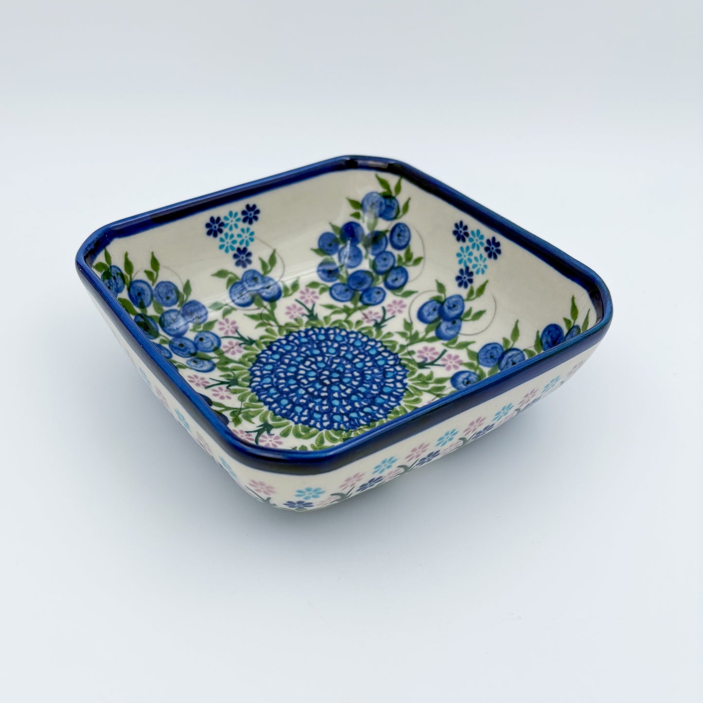 6” Square Bowl.  Hand crafted Polish pottery stoneware:   Unikat Blueberries