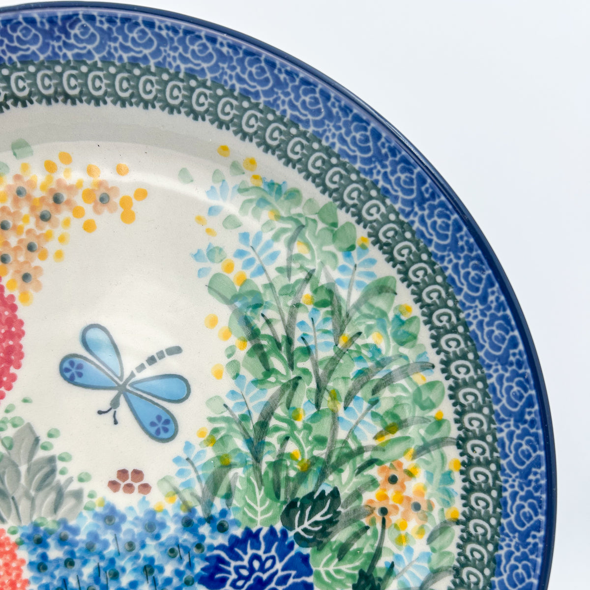 UNIKAT Garden Delight plate, close-up rim detail showing blue dragonfly and green foliage border