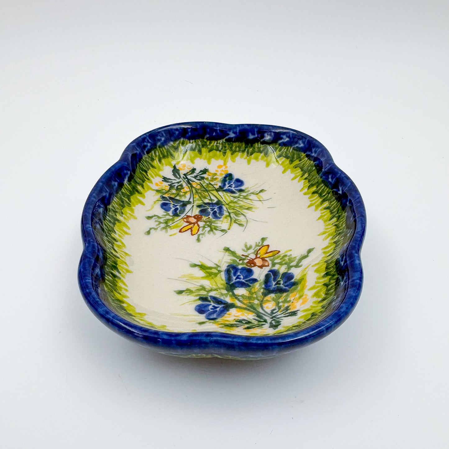 5" Soap Dish.  Handmade Polish pottery.  UIKAT Bluebell Meadow Design