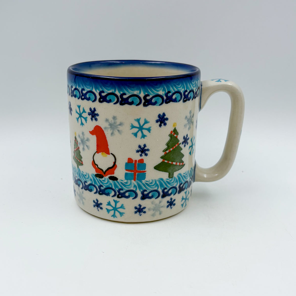 13 oz Mug. Handcrafted Polish pottery stoneware:  UNIKAT Winter Gnome Design