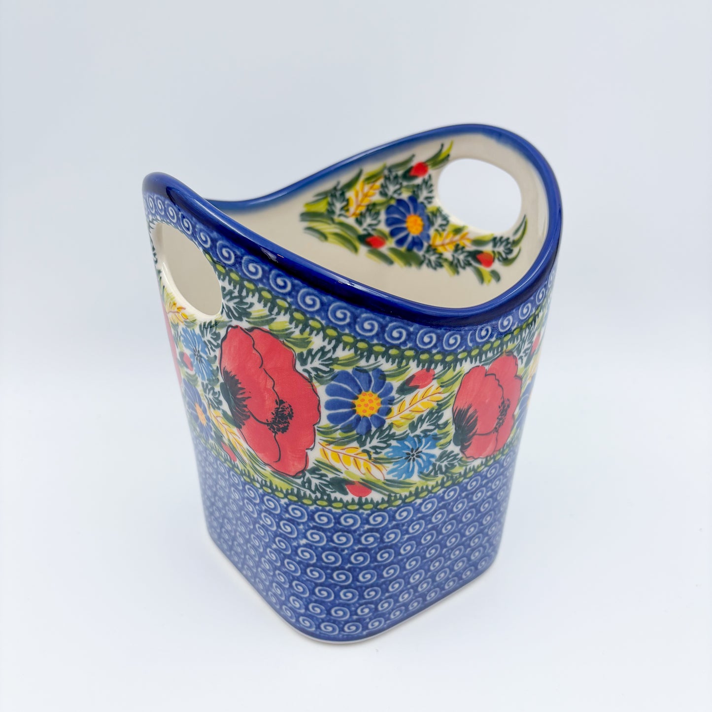 Basket Container & Utensil Med.  Handmade Polish pottery.  UNIKAT Garden Poppy Design