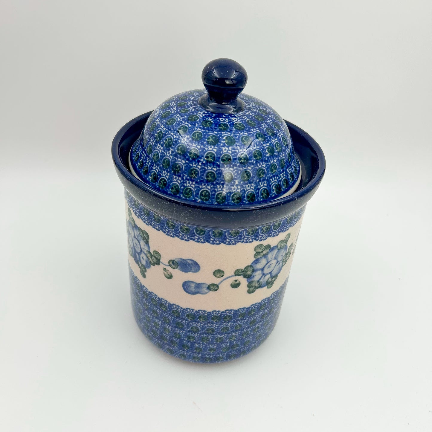 8" Cookie Jar. Hand painted Polish pottery stoneware.  Blue Poppies