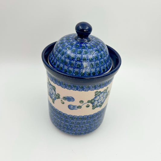 8" Cookie Jar. Hand painted Polish pottery stoneware.  Blue Poppies