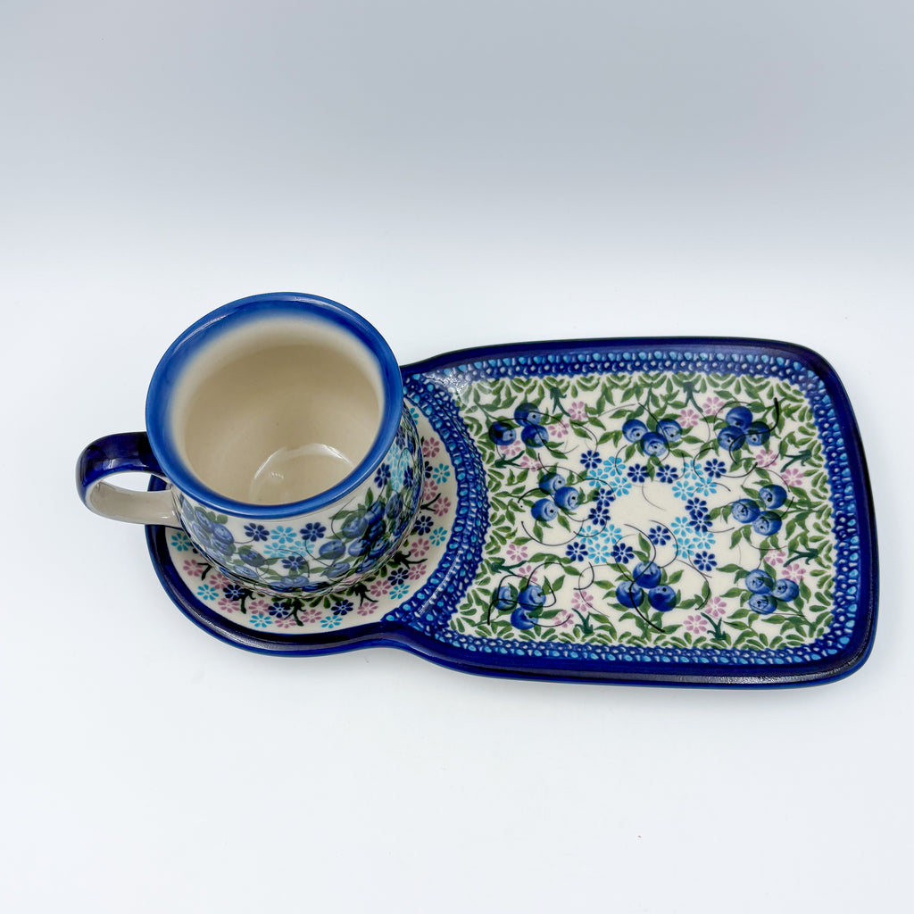 SET Bubble Mug 8 oz with Sandwich Plate . Handcrafted in Poland UNIKAT Blueberry
