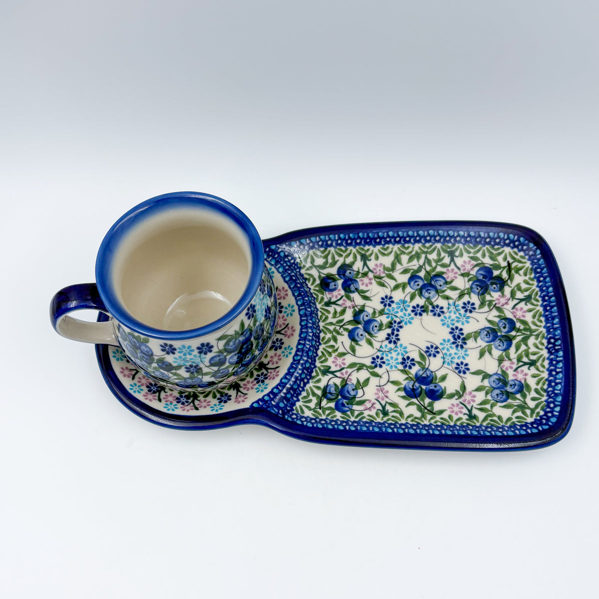 SET Bubble Mug 8 oz with Sandwich Plate . Handcrafted in Poland UNIKAT Blueberry
