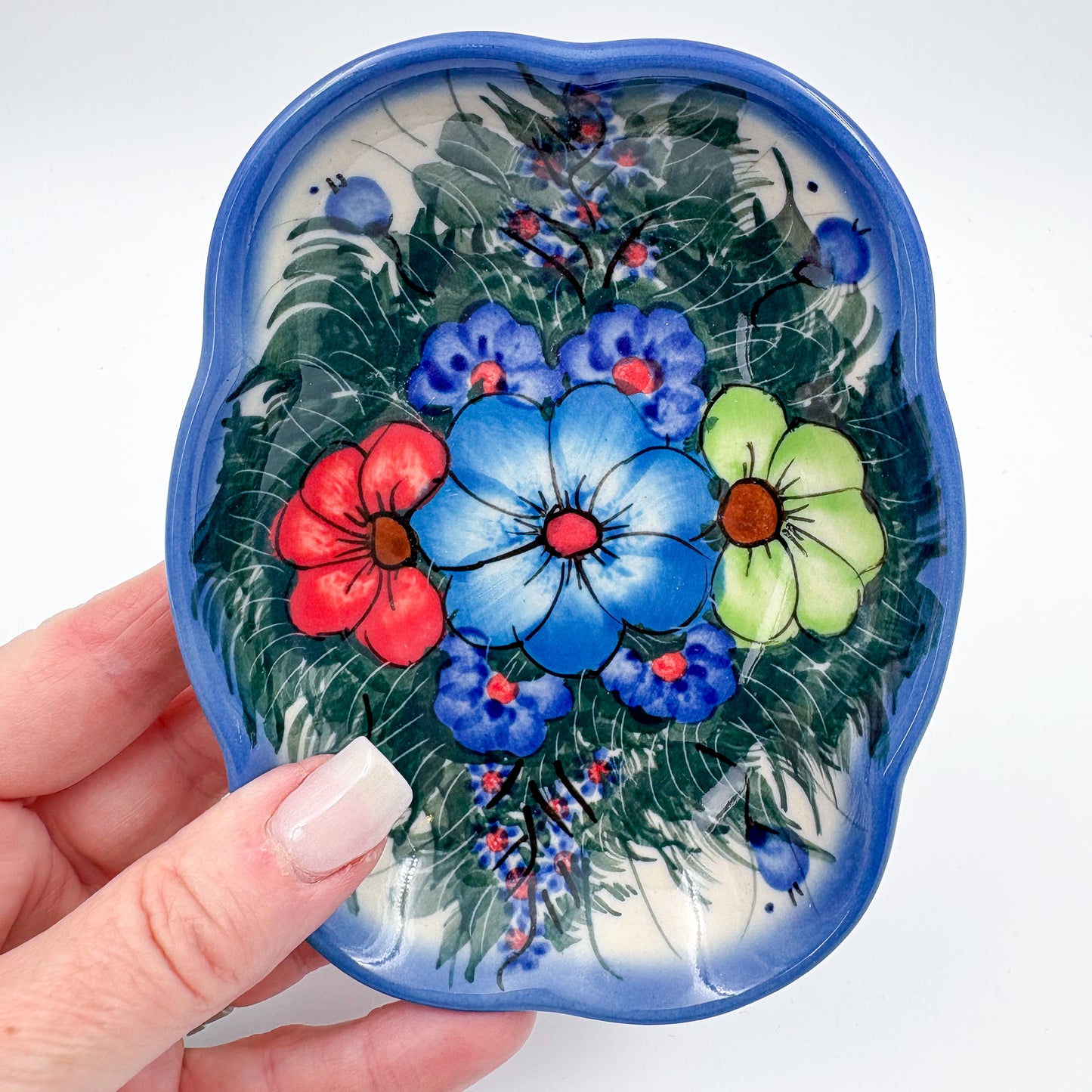5" Soap Dish.  Handmade Polish pottery.  UIKAT Forget Me Not Design