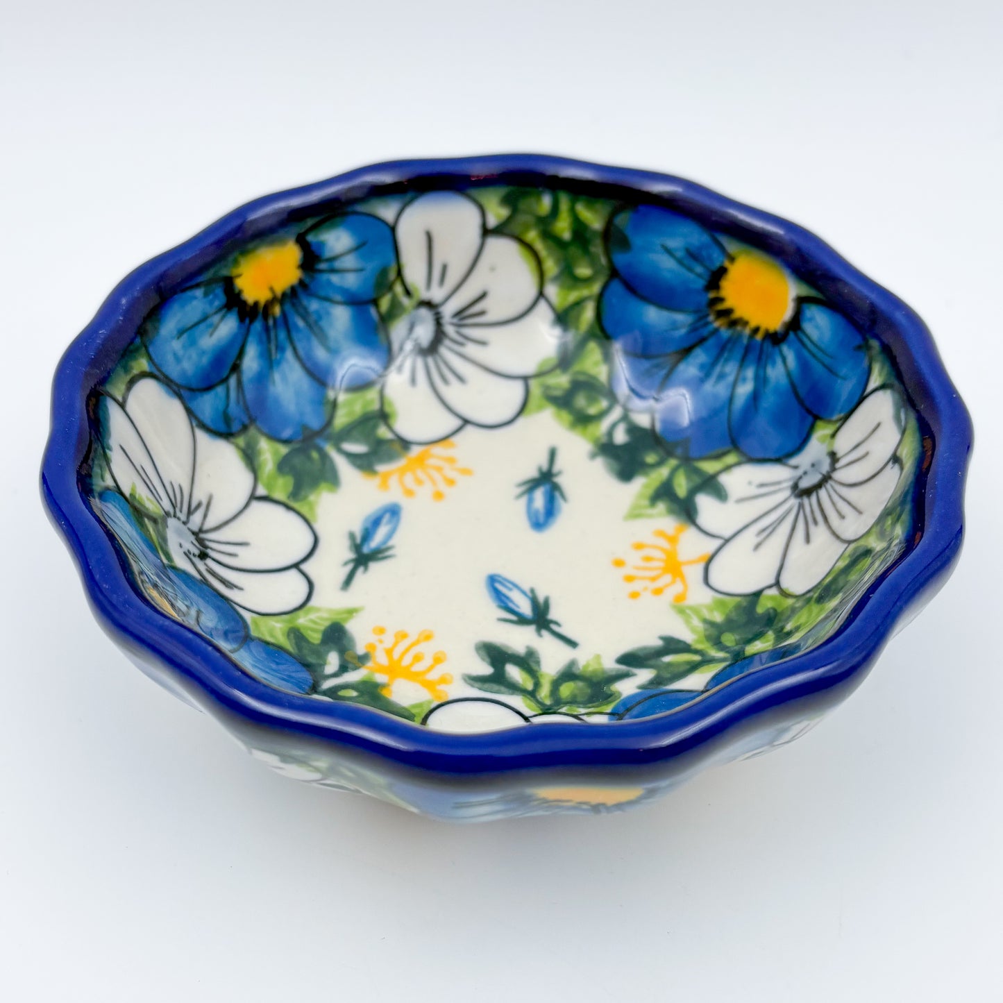 5” Scalloped Bowl.  Hand crafted Polish pottery stoneware:  UNIKAT Blue Petal Dance