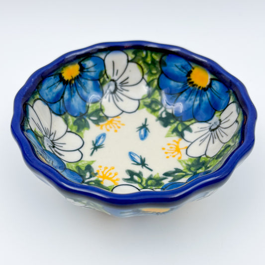 5” Scalloped Bowl.  Hand crafted Polish pottery stoneware:  UNIKAT Blue Petal Dance