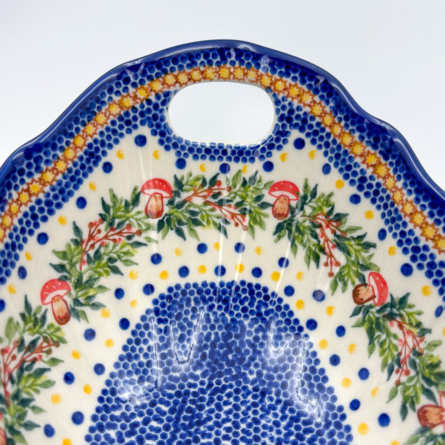 10" Lodka Bowl with Handles.  Hand crafted Polish pottery stoneware:  UNIKAT Mushroom Pattern