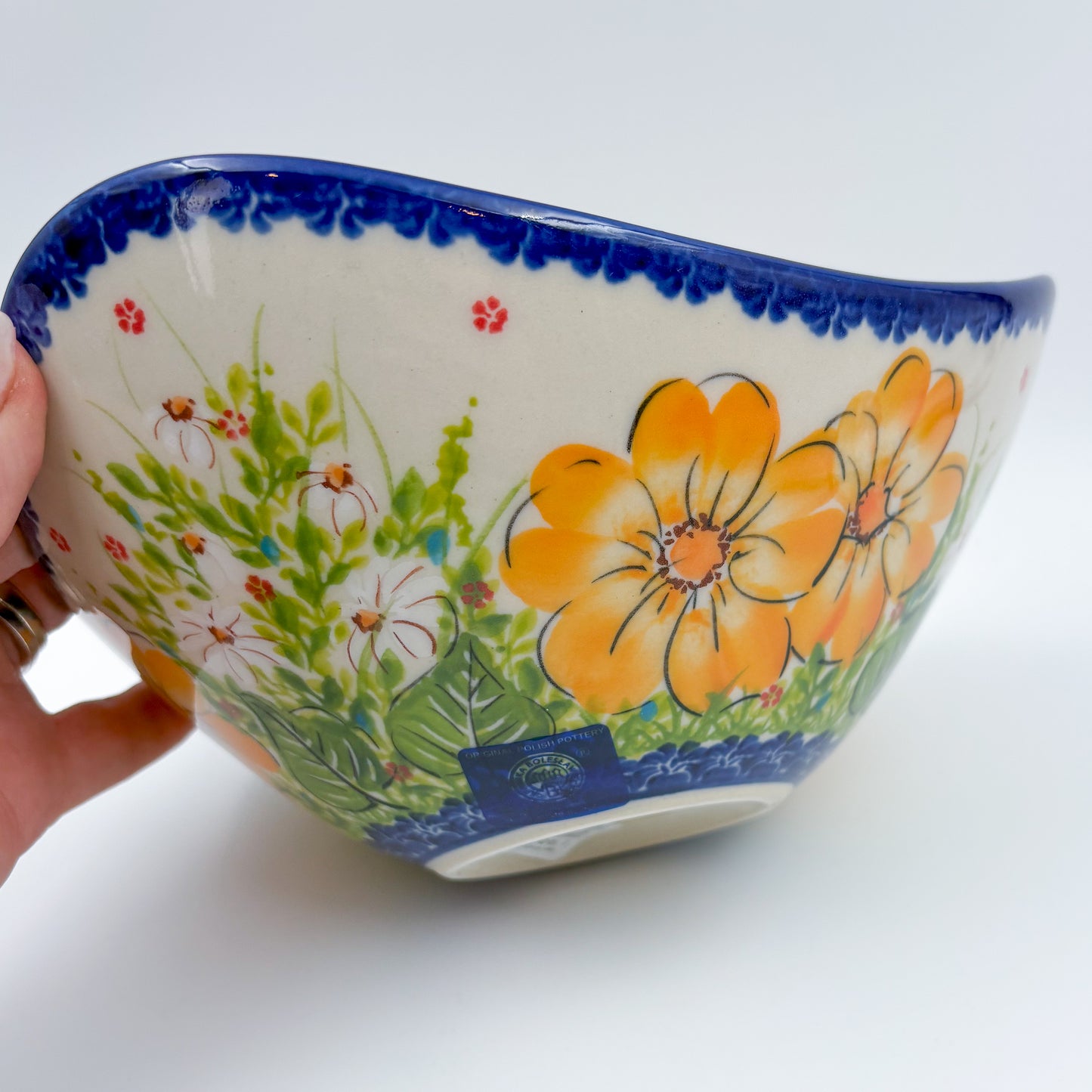 3 Point Bowl.  Hand crafted Polish pottery stoneware:  UNIKAT Orange Poppy Pattern