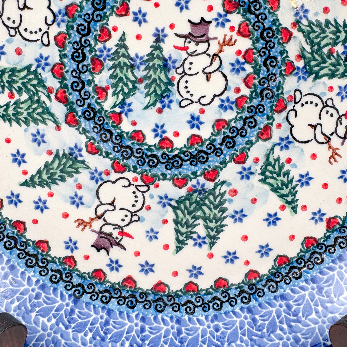 9” Plate.  Hand crafted Polish pottery stoneware: UNIKAT Dancing Snowman