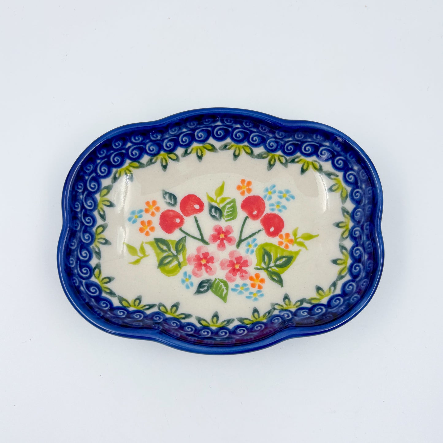 5" Soap Dish.  Handmade Polish pottery.  UIKAT Cherry Blossom Pattern